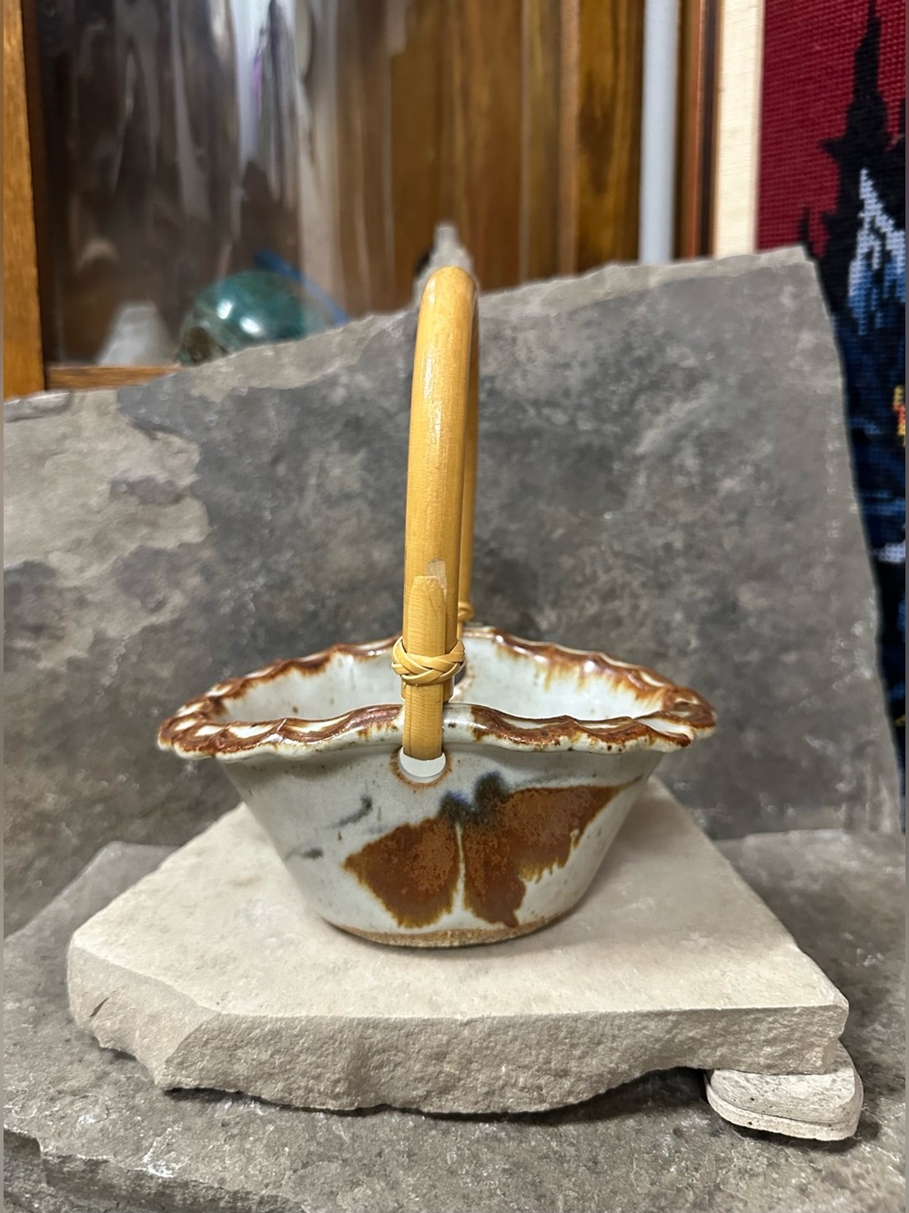 Handmade Stoneware Pottery Basket with Bamboo Handle